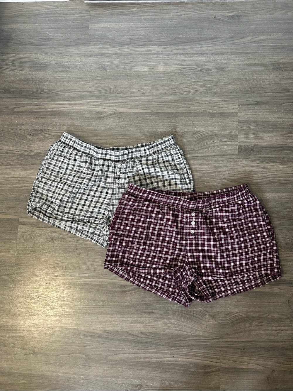 Bundle of 2 Plaid Cotton Lounge Boxer Shorts - Burgundy and Gray PJ Shorts